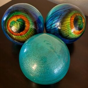 Pier 1 Peacock Orb Sphere Set | Teal Multi Color Decorative Balls Set of 3 | 4”